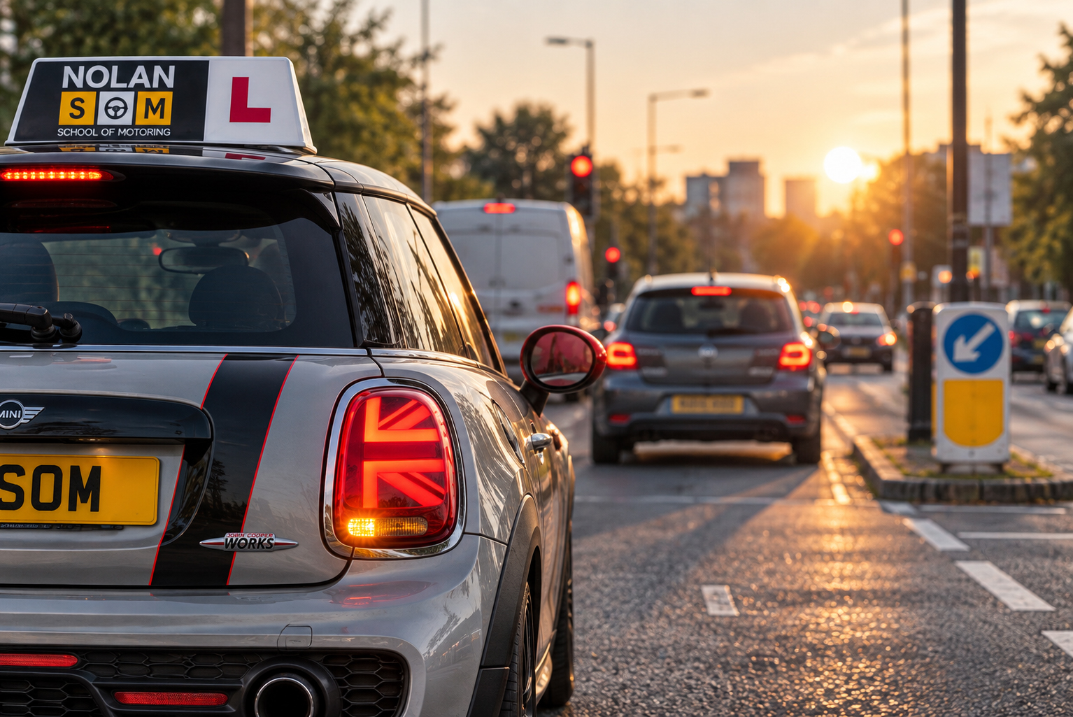 Nolan School of Motoring MINI learner car driving through traffic on a UK road