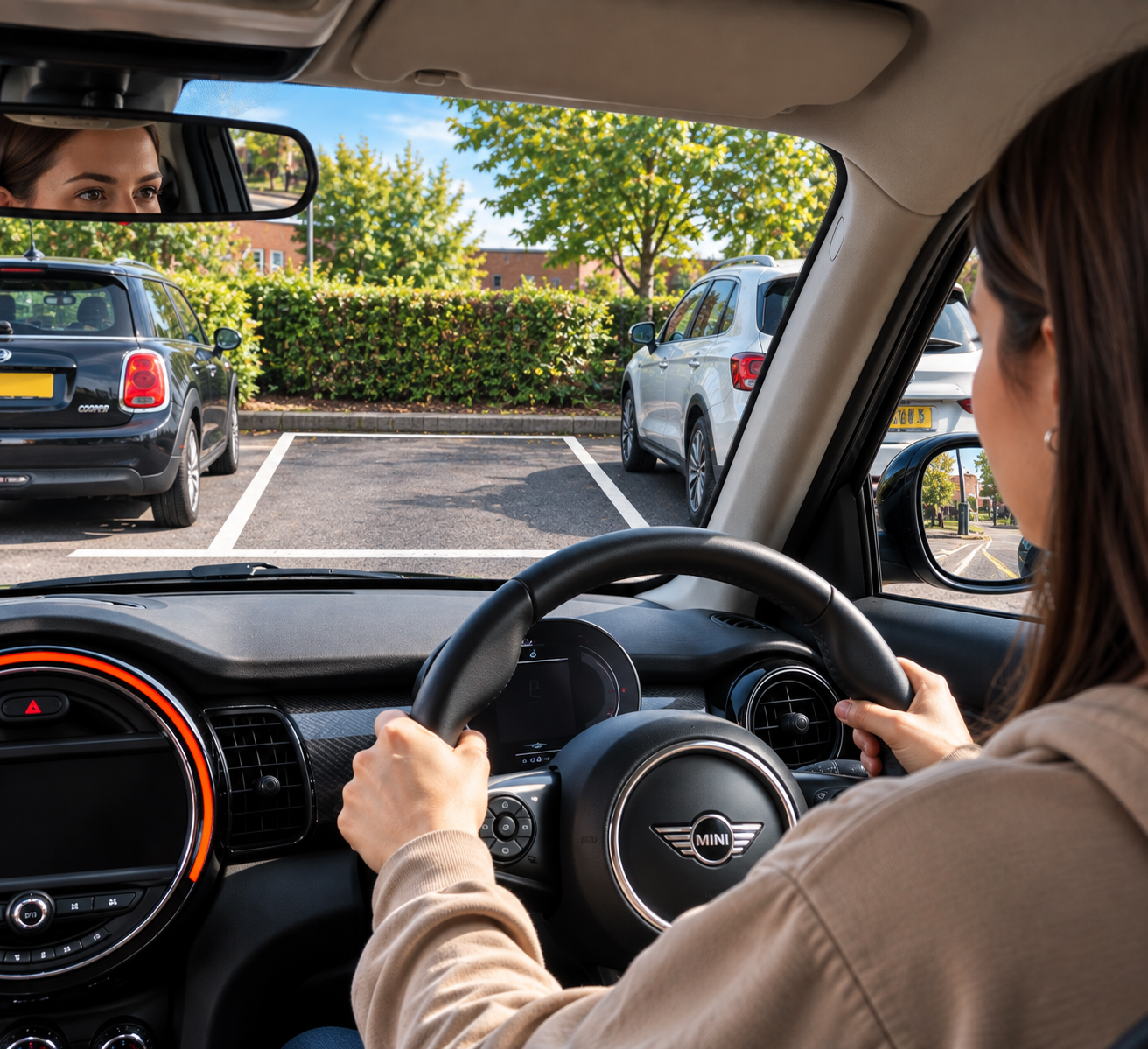Learner driver practising parking manoeuvres in a MINI