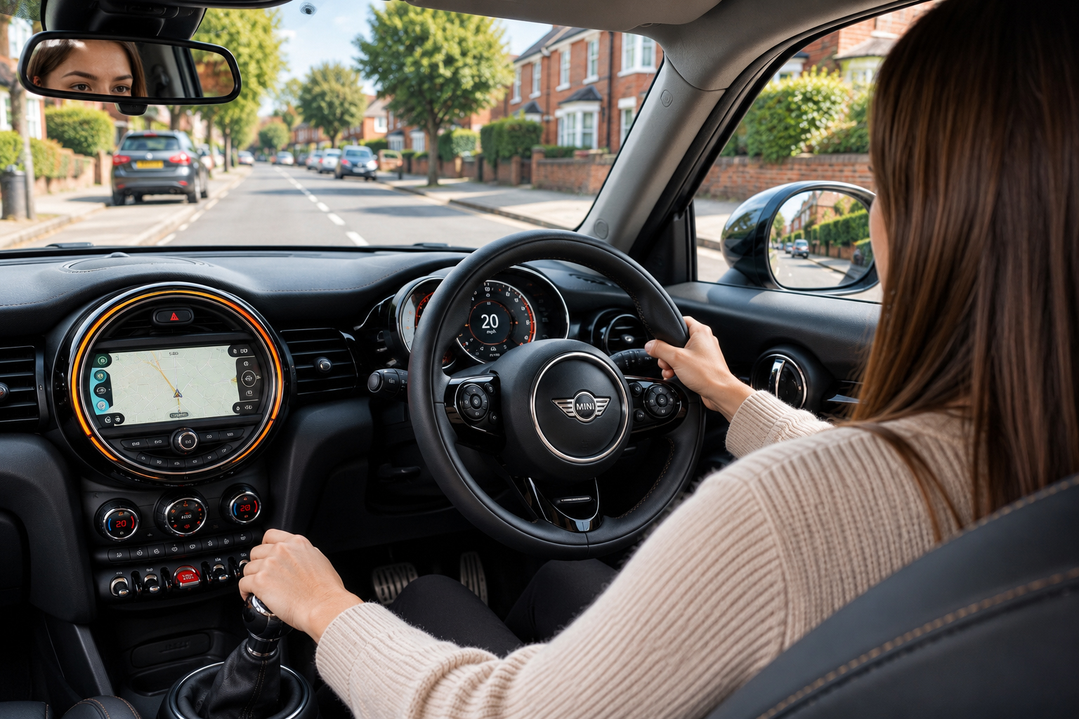 Learner driver practising car control in a manual MINI on a residential road