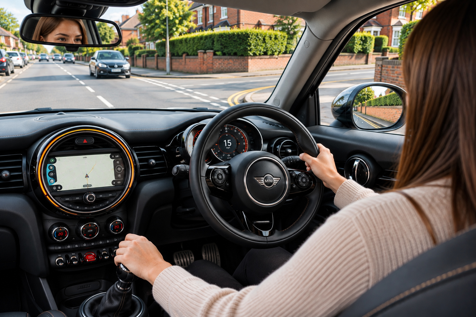 Learner driver preparing to make a right turn in a manual MINI on a residential road