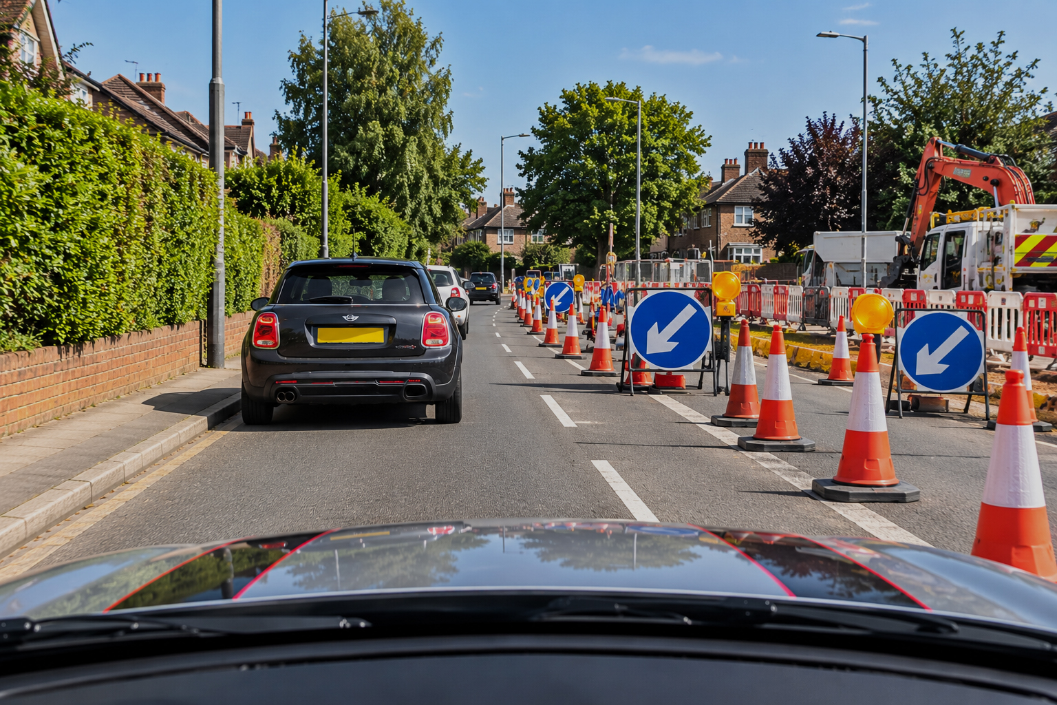 Learner driver approaching roadworks with traffic cones and temporary keep-left signs