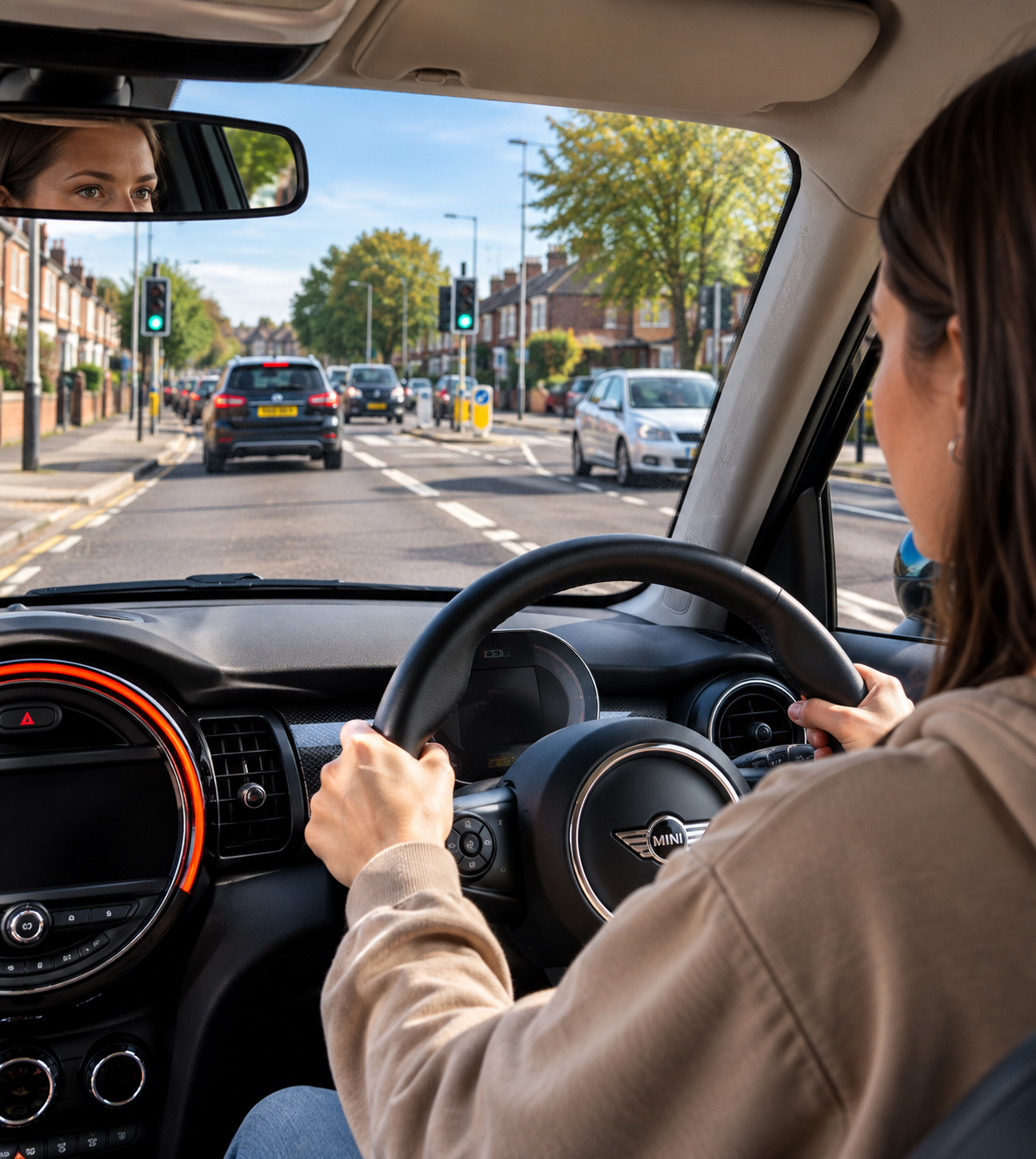 Learner driver following traffic on a busy urban road