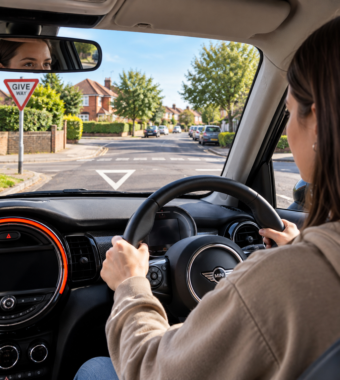 Learner driver approaching a Give Way junction on a residential road