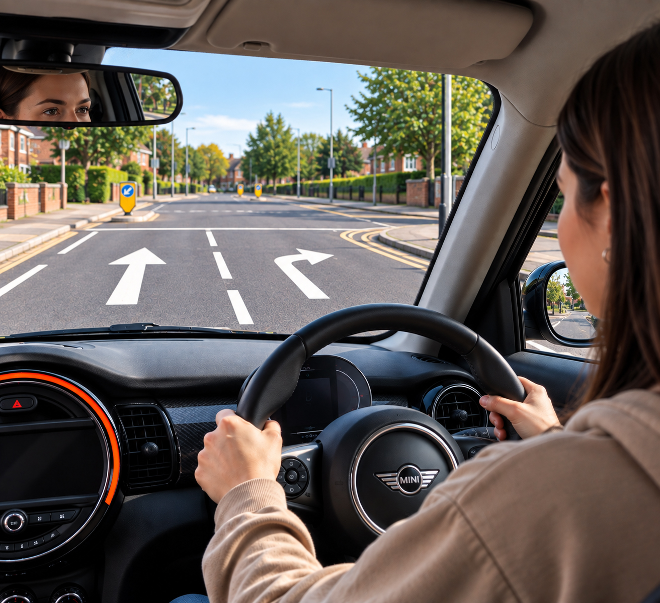 Learner driver practising road markings and traffic signs on a UK road