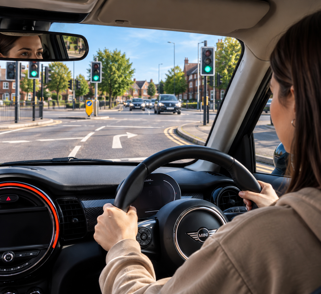 Learner driver approaching a traffic light-controlled junction